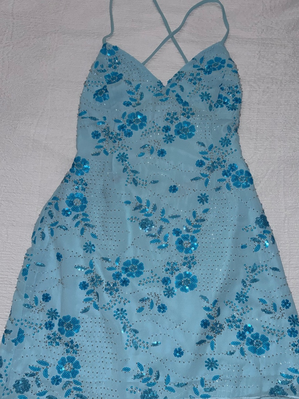 Blue Blush Light Blue Sequin Floral Mini Dress
